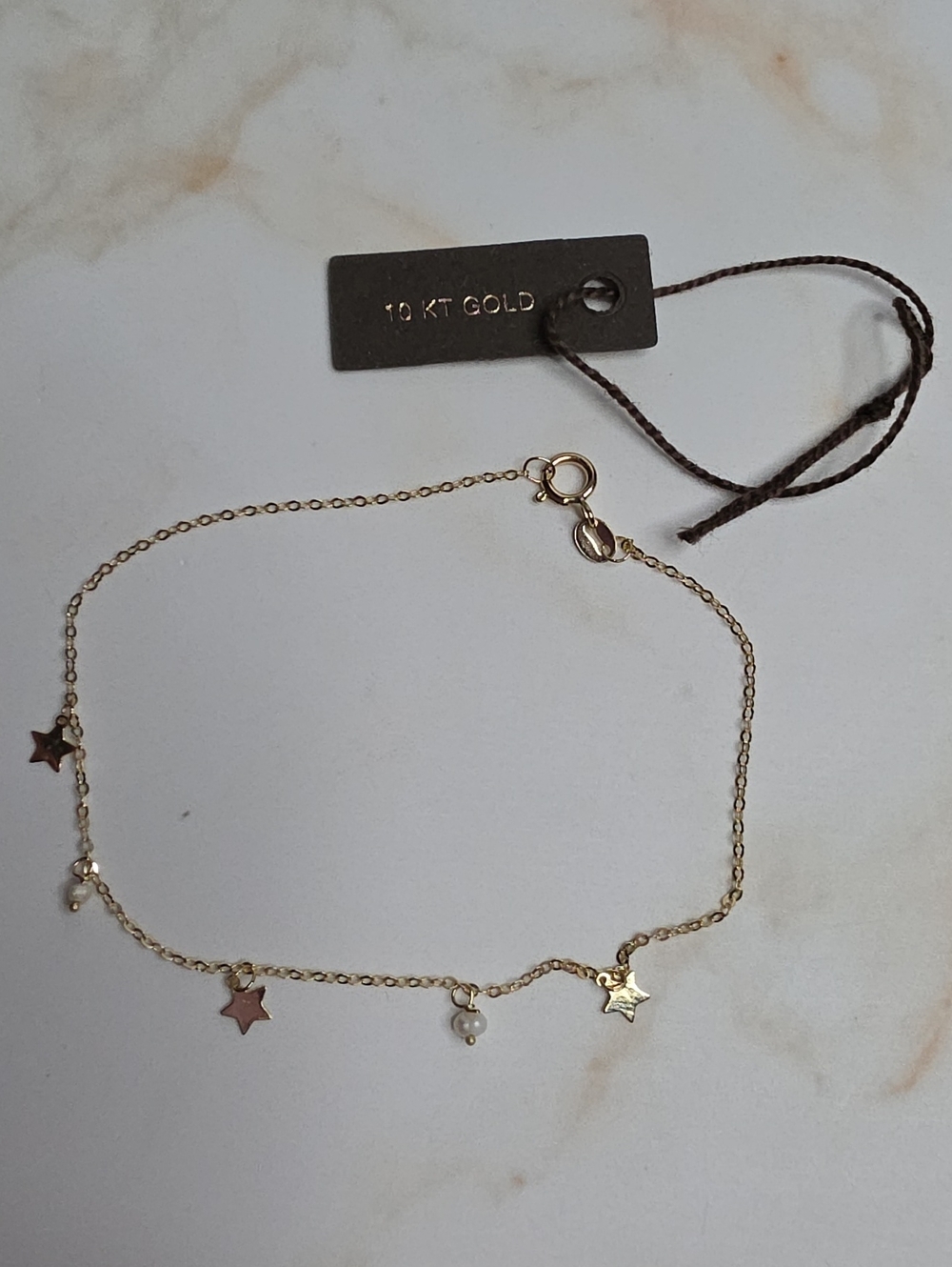 Delicate 10K Gold Star Chain Pearls Bracelet